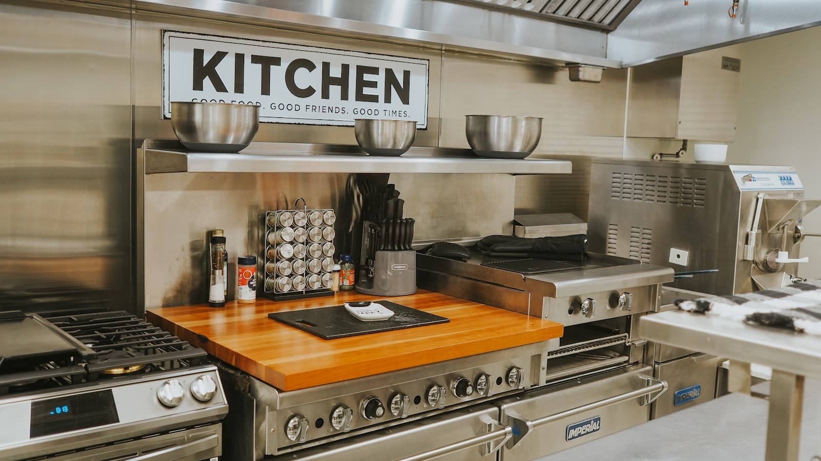Stainless steel appliances paired with a wood counter.
