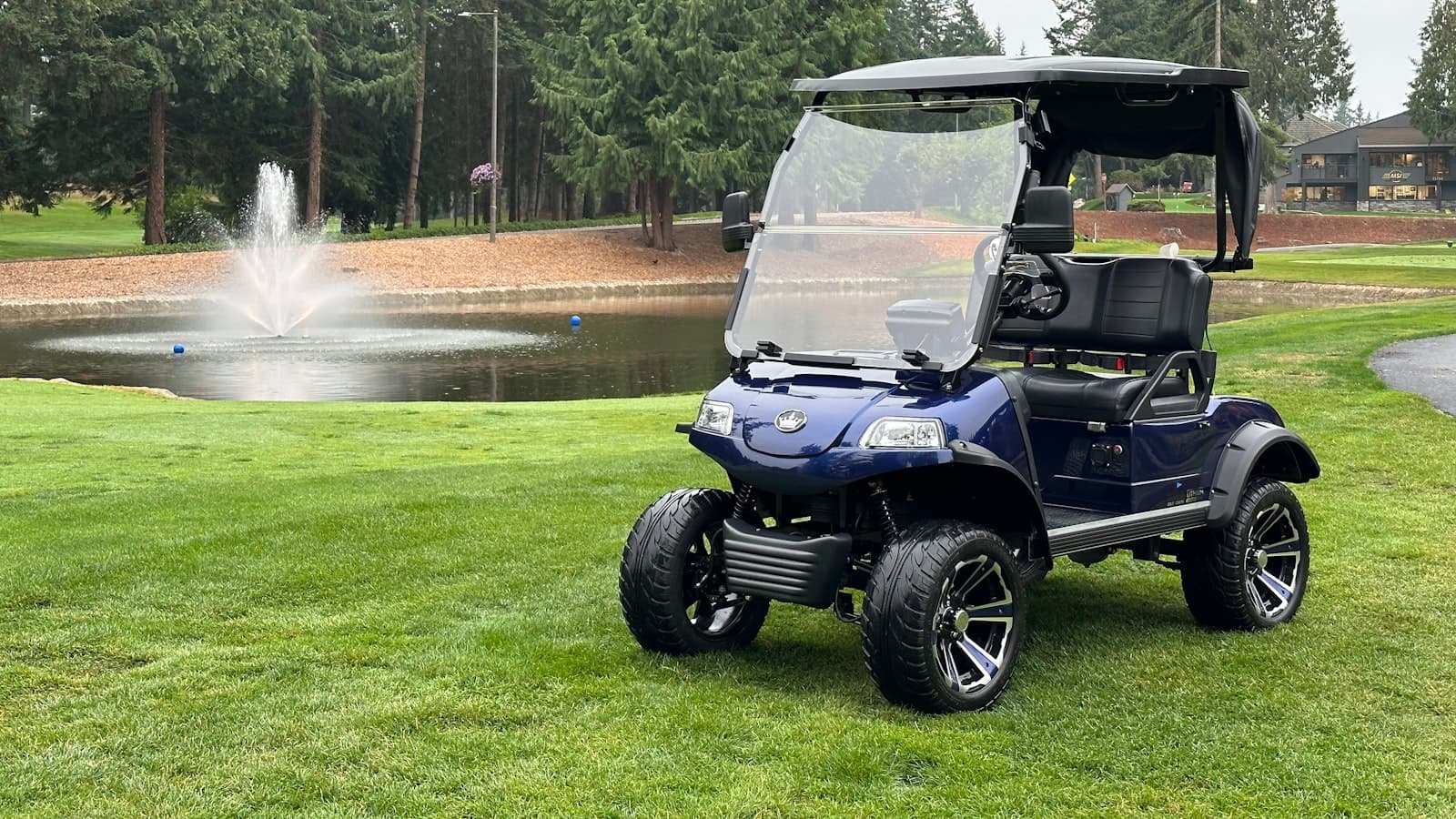A navy blue golf cart parked on a golf course beside a pond with a fountain, no people or legible branding visible.