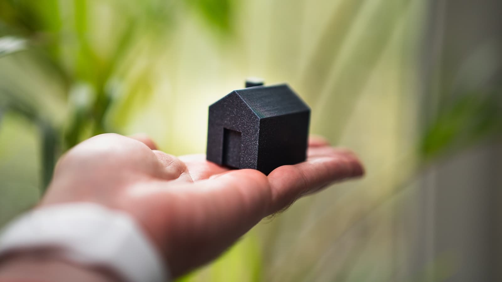 A hand holding a small dark house model against a blurred green outdoor background, no faces, text, or logos visible.