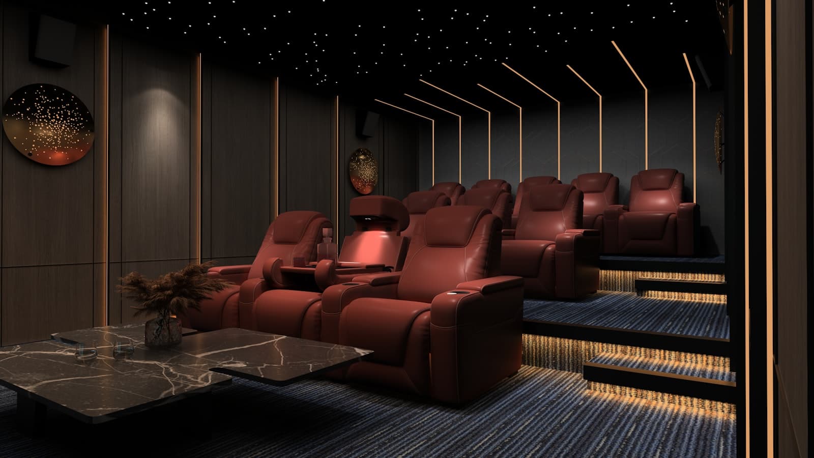A tiered home theater room with rows of red leather recliners facing forward and a starlight ceiling, no people or visible text/logos.