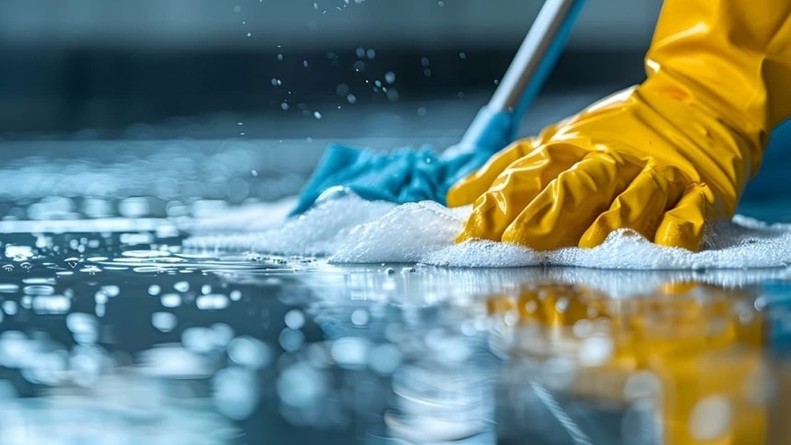 A person in gloves cleaning a floor with cleaning supplies.