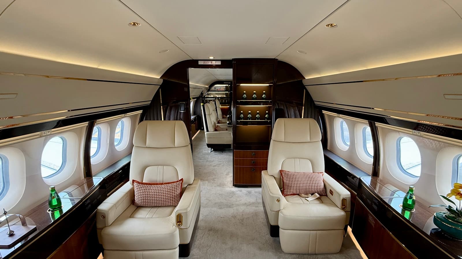 The interior of a luxury private jet cabin with plush seating.