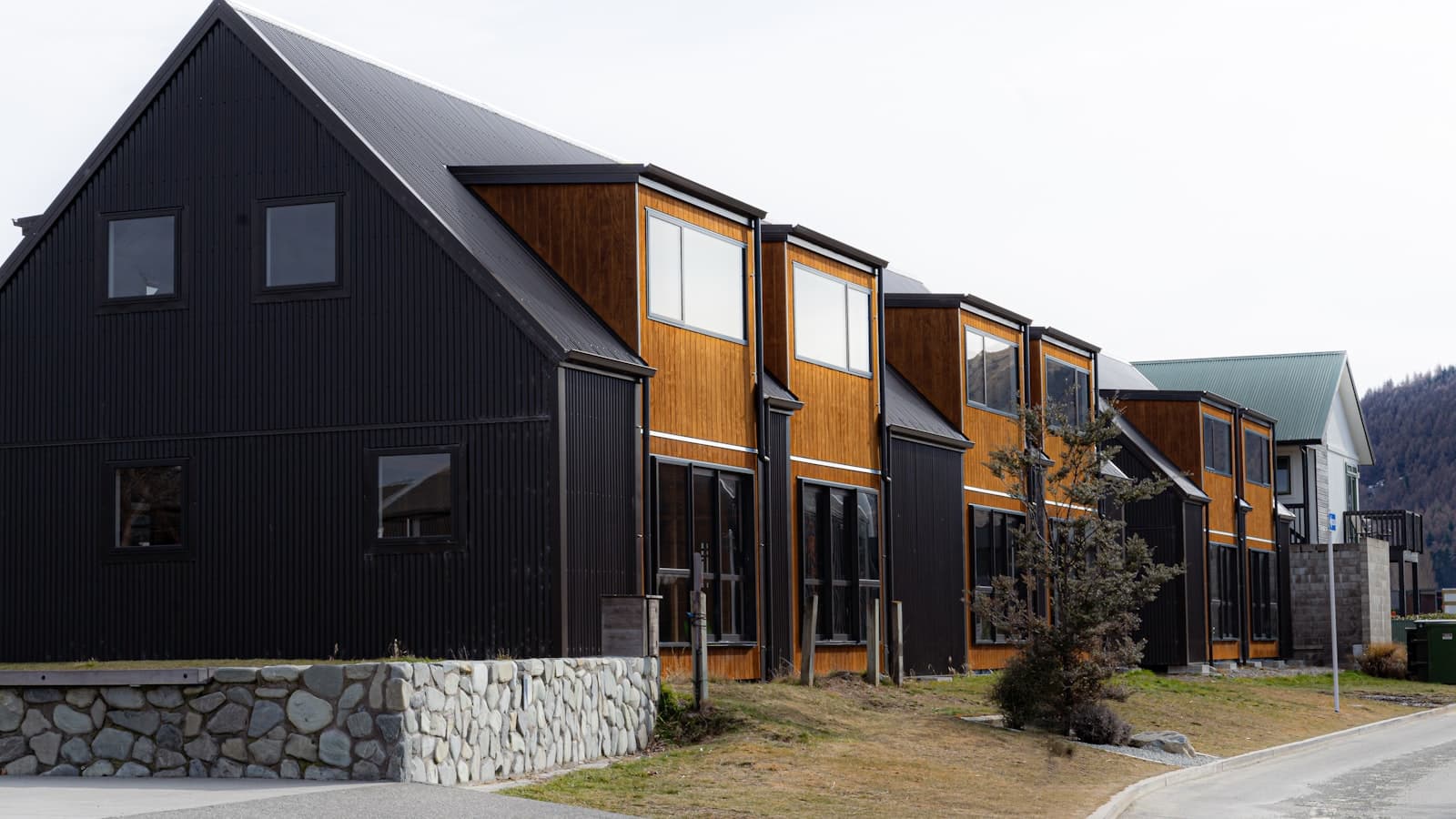 A row of modern black-and-timber townhouses along a street with mountains behind, no people, plates, or legible text/logos visible.