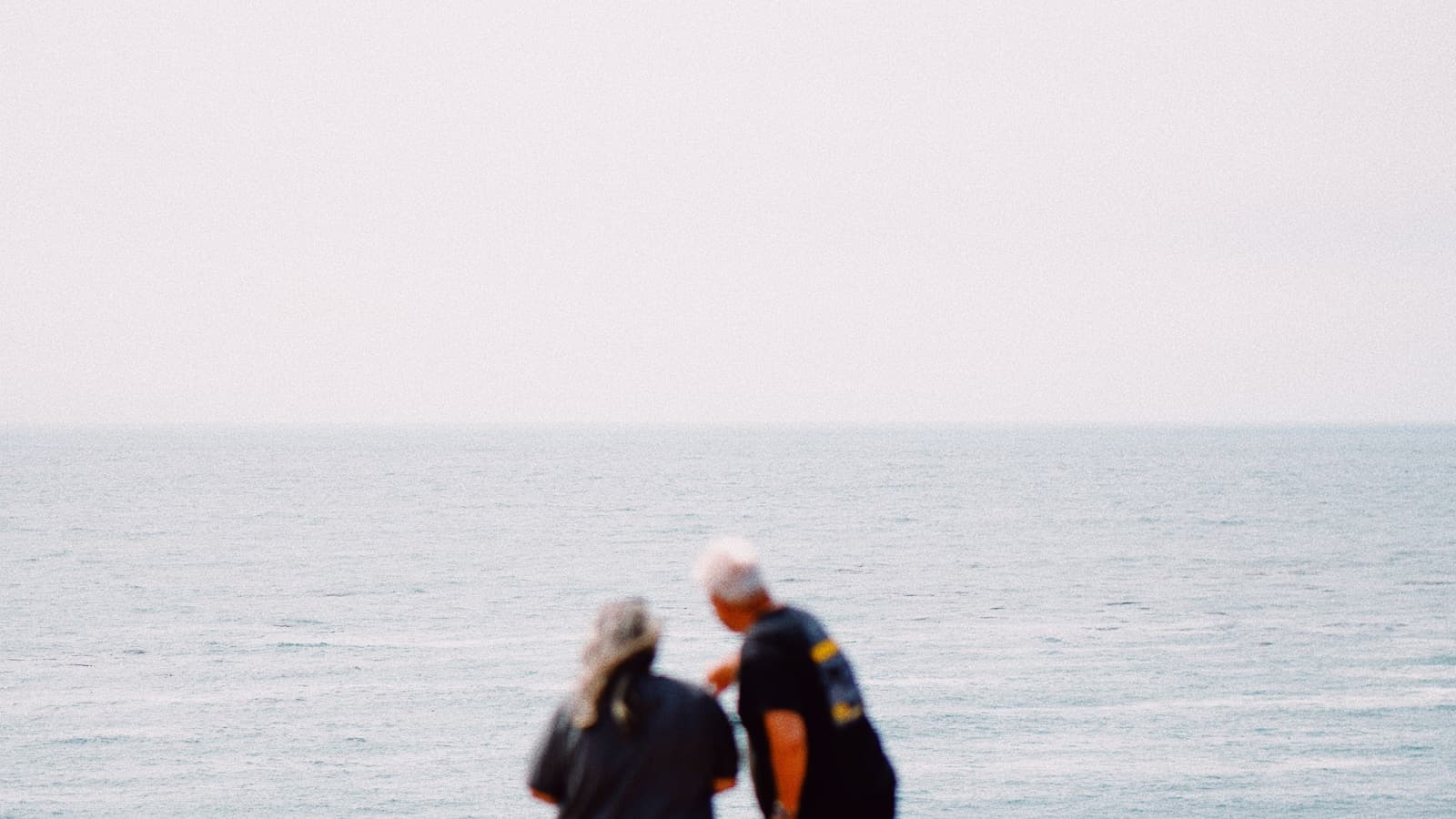An older couple standing together looking out at the ocean from a coastal bluff.