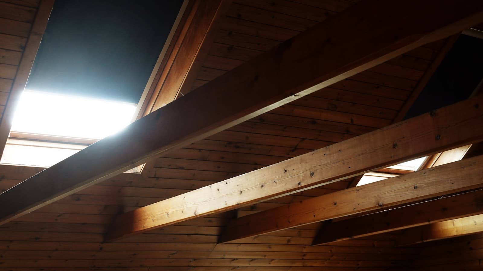 Wooden ceiling beams and skylights inside a finished attic space, sunlit and clean, with no people, text, or logos.