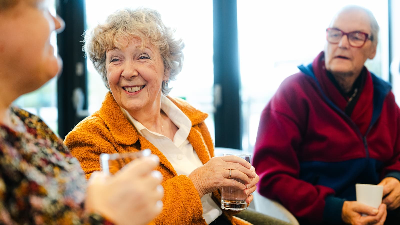 Three senior friends laughing together by a sunlit window.