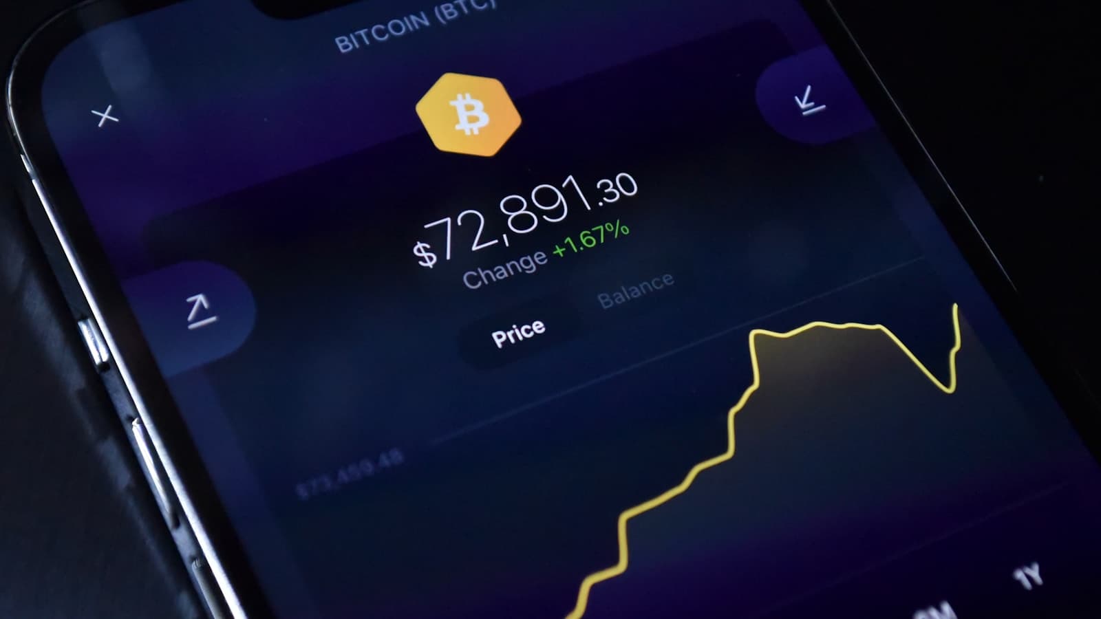 A phone screen showing a generic Bitcoin balance and price app UI.
