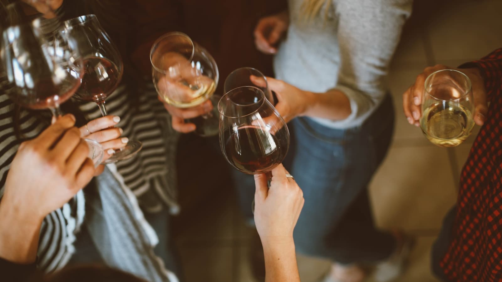 A group of friends clinking wine glasses together in a celebratory toast.