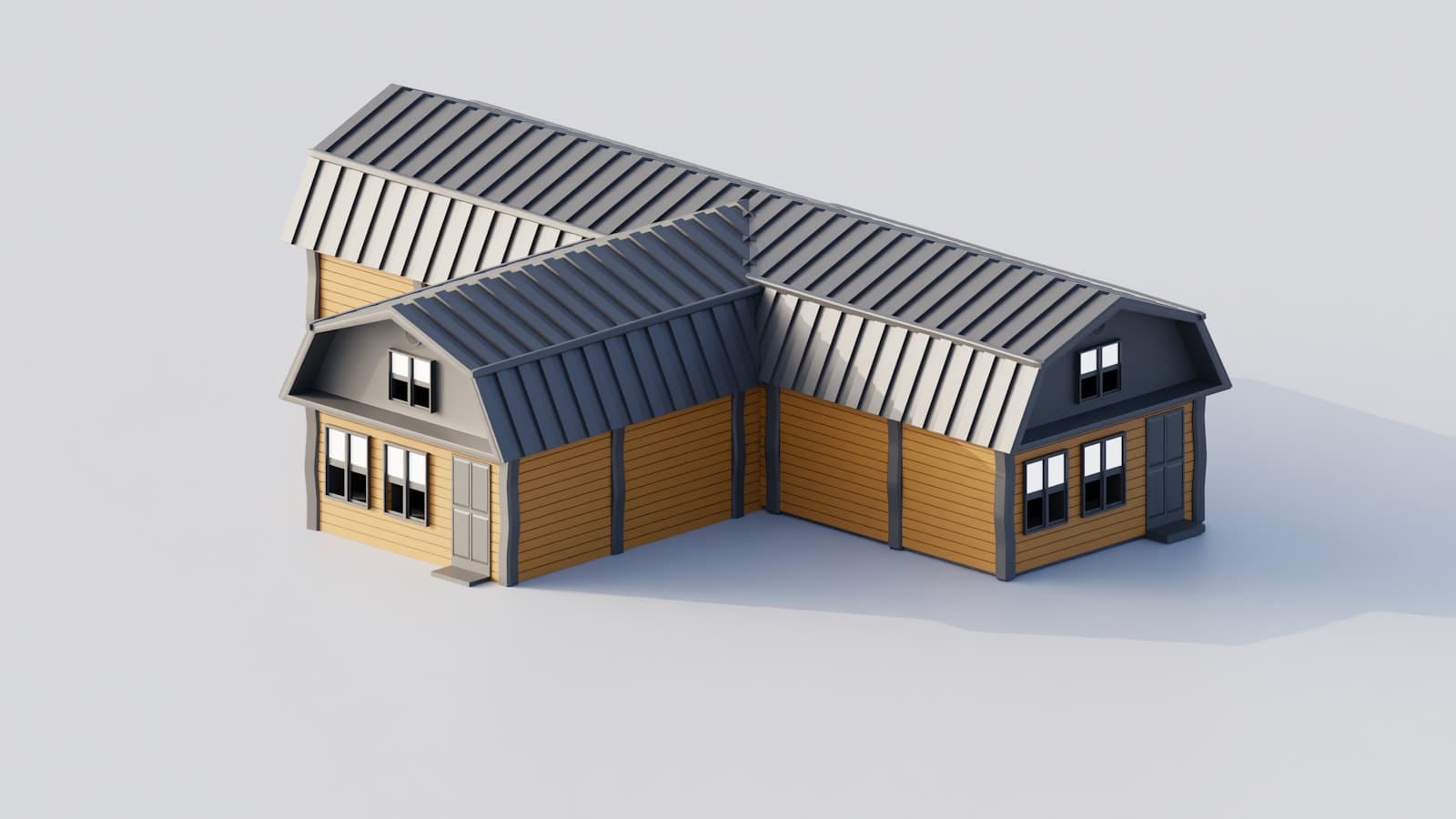 A 3D-rendered modern barn-style house with yellow walls and a gray metal roof against a plain background, no people or text.
