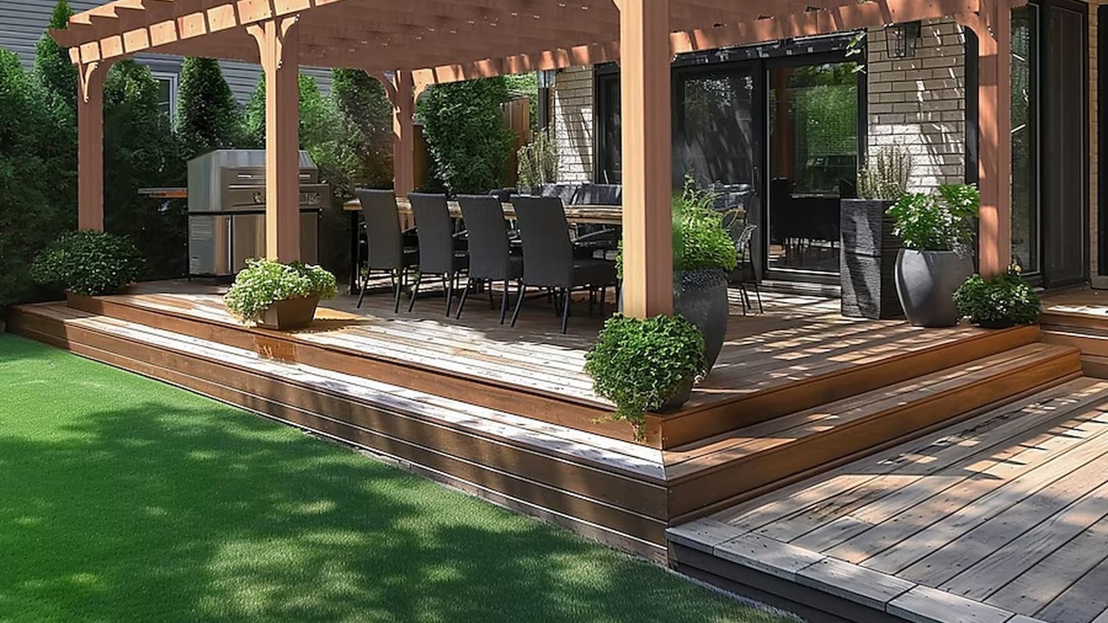A wooden backyard deck with a pergola shelters a long outdoor dining table with black chairs and a built-in grill, next to a strip of turf lawn.