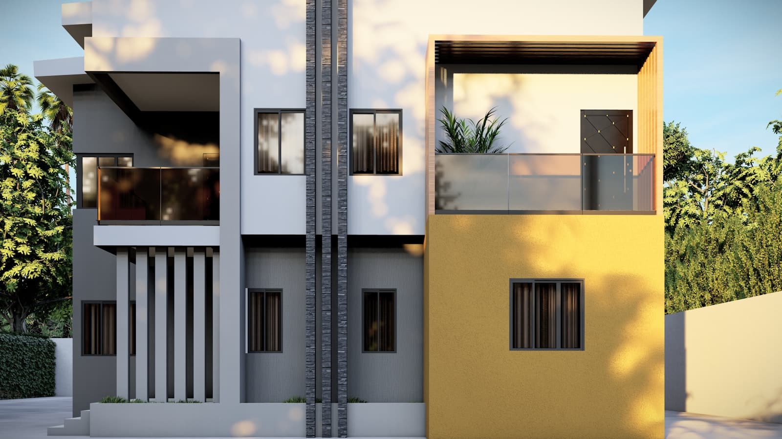 A modern two-tone (grey and yellow) duplex-style building with balconies, clean and free of people or text.