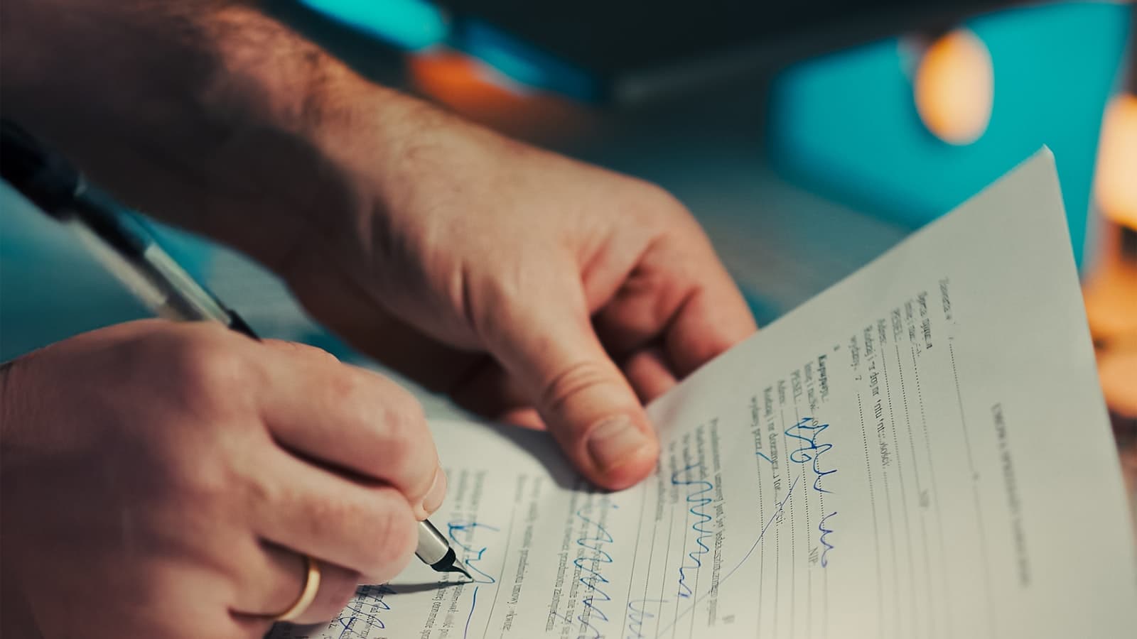 A close-up of hands signing a business document with a pen, showing no face and no readable identifying text.