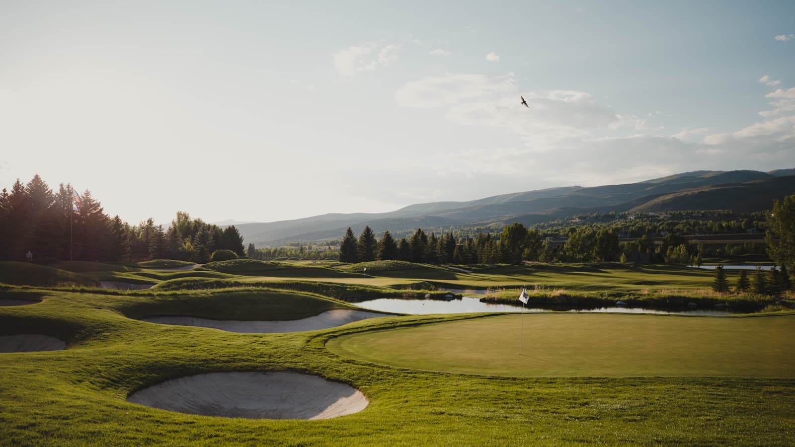 A lush green golf fairway lined with trees under an open sky.