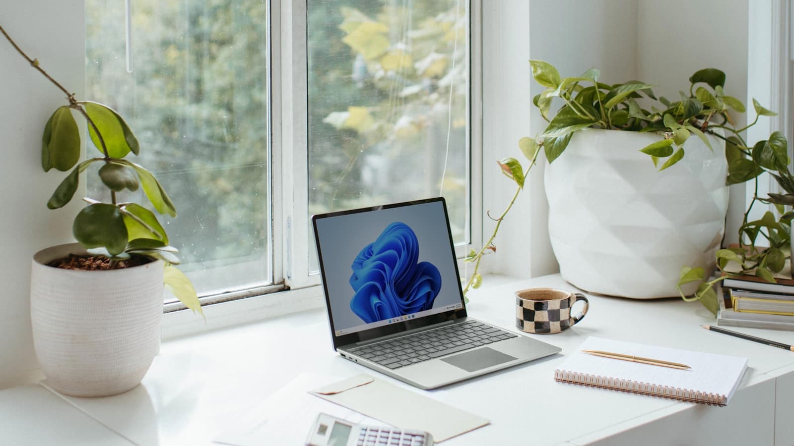 A silver laptop with a generic blue Windows wallpaper open on a bright white desk beside potted plants, a checkered mug, a calculator, and a notebook - no readable brand text and no people.