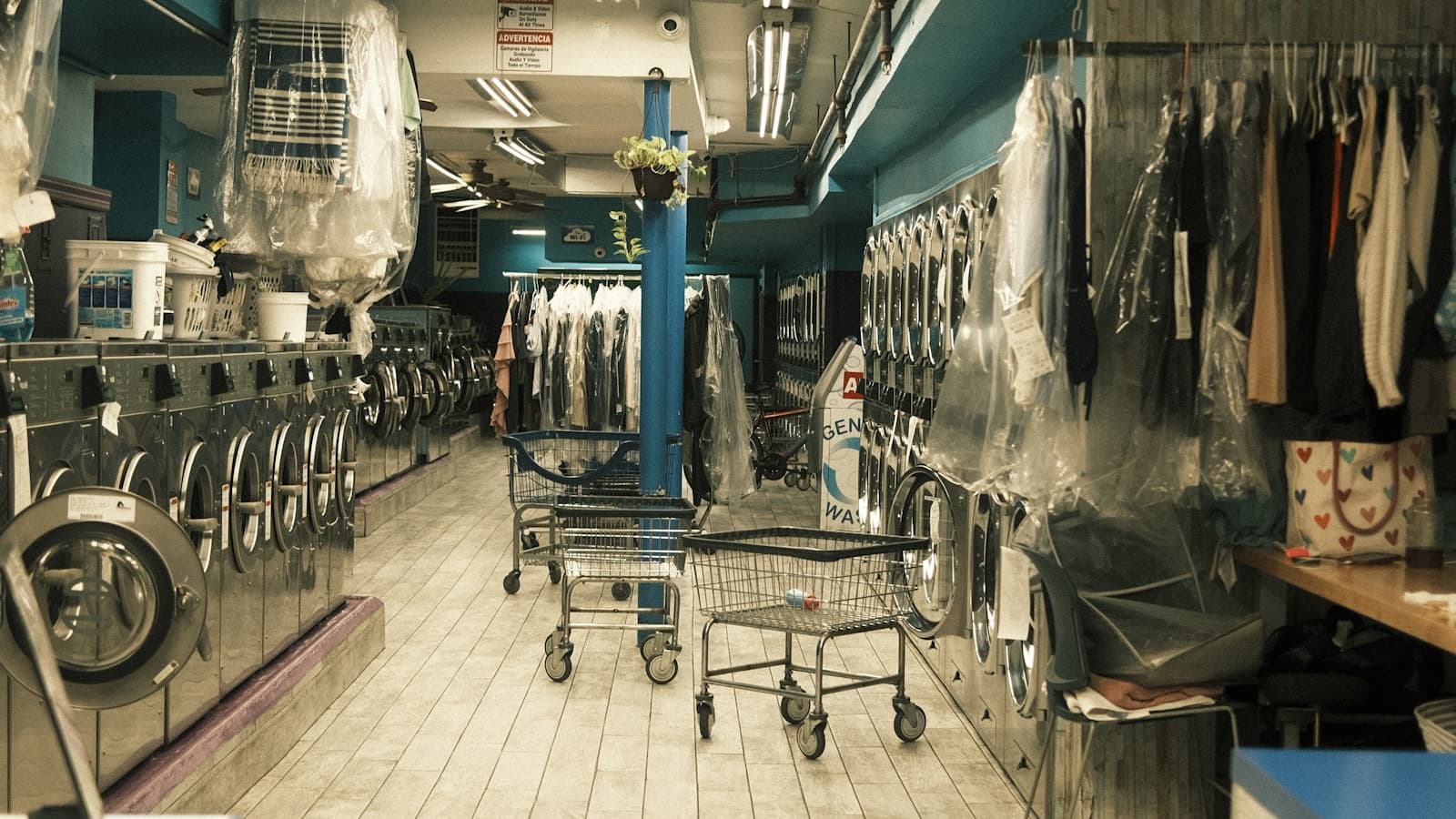 The interior of a clean, modern laundromat with washing machines.