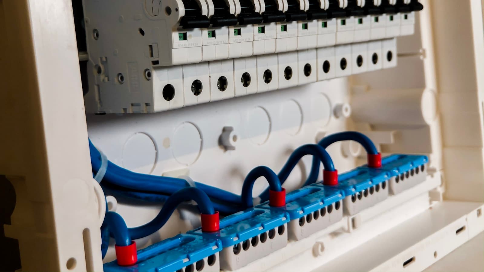 An open modern residential circuit breaker panel with a row of white breaker switches and blue wires with red ferrules connected to a terminal block.
