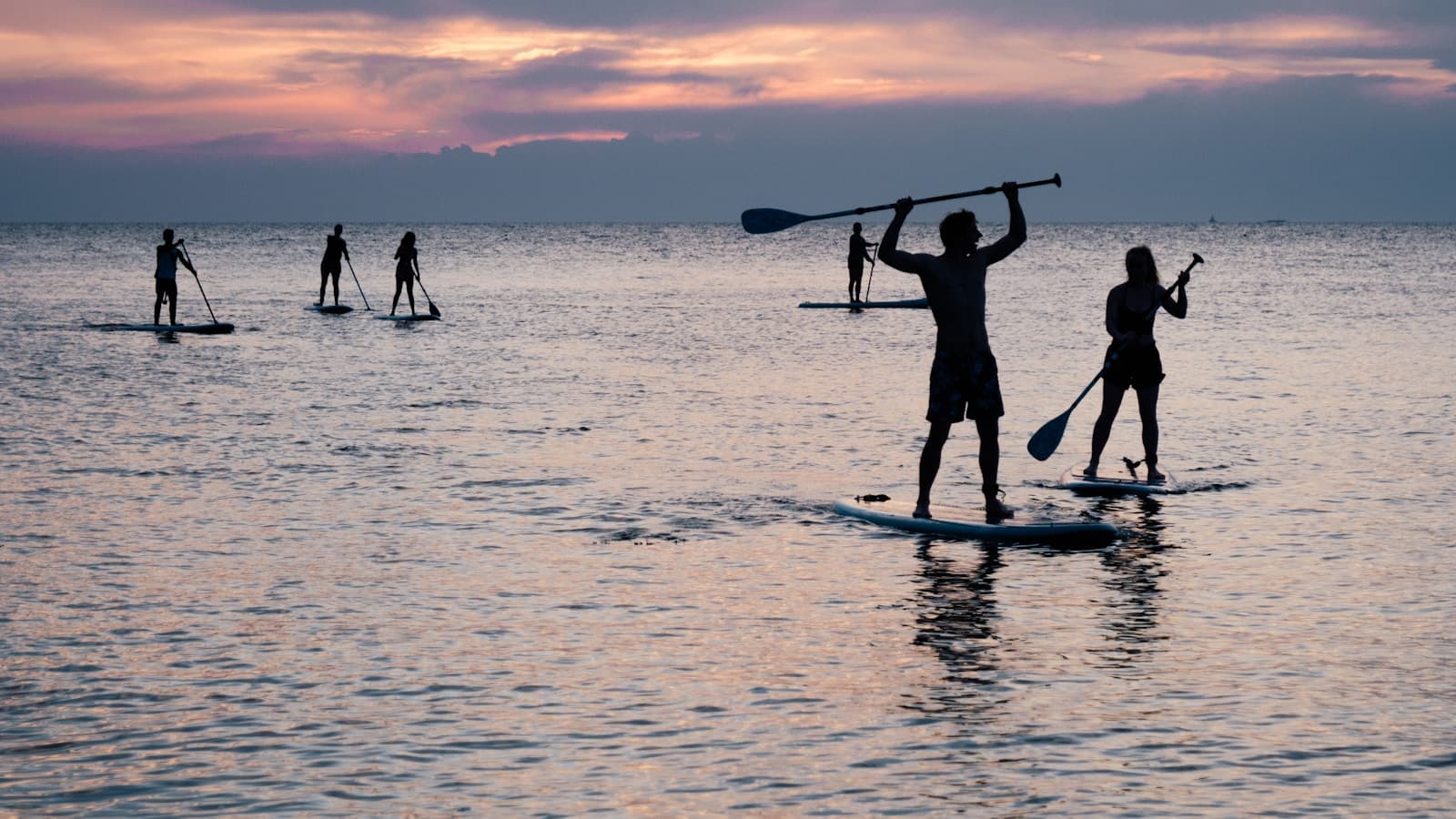 Silhouettes of several people stand-up paddleboarding on calm water at golden hour.