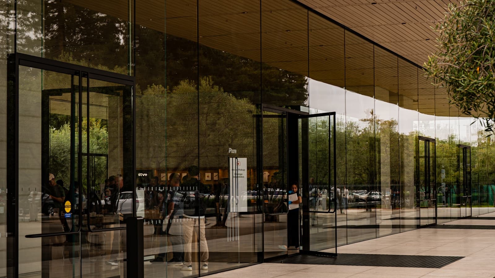 Modern glass-and-wood storefront entrance with a covered walkway, no visible signage.
