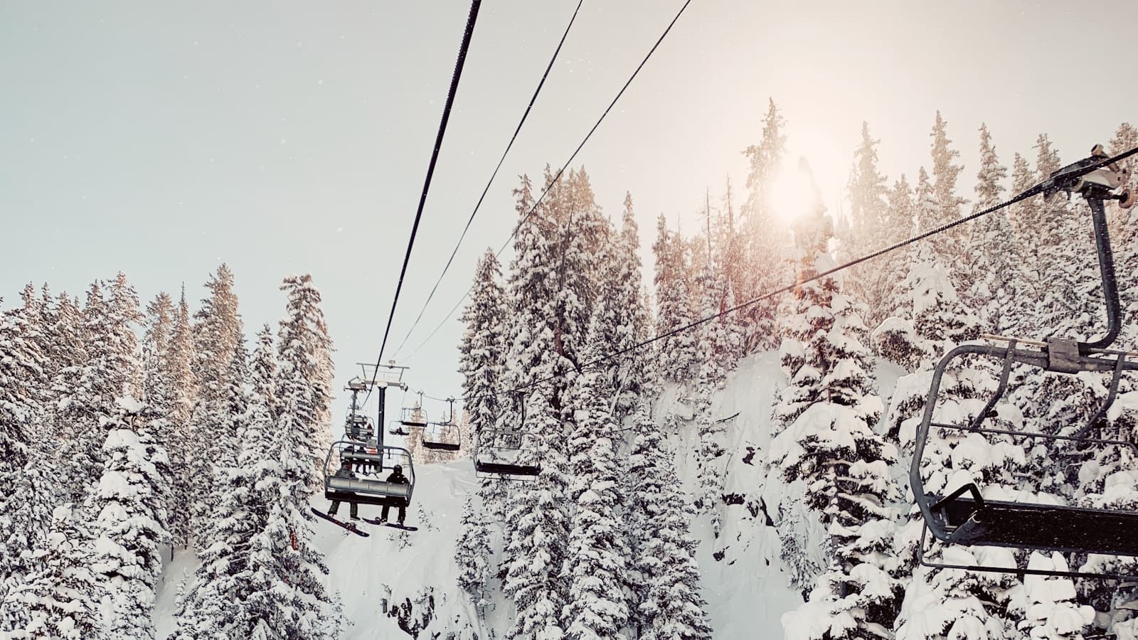 Snowboarders riding a chairlift through snow-covered pine trees.