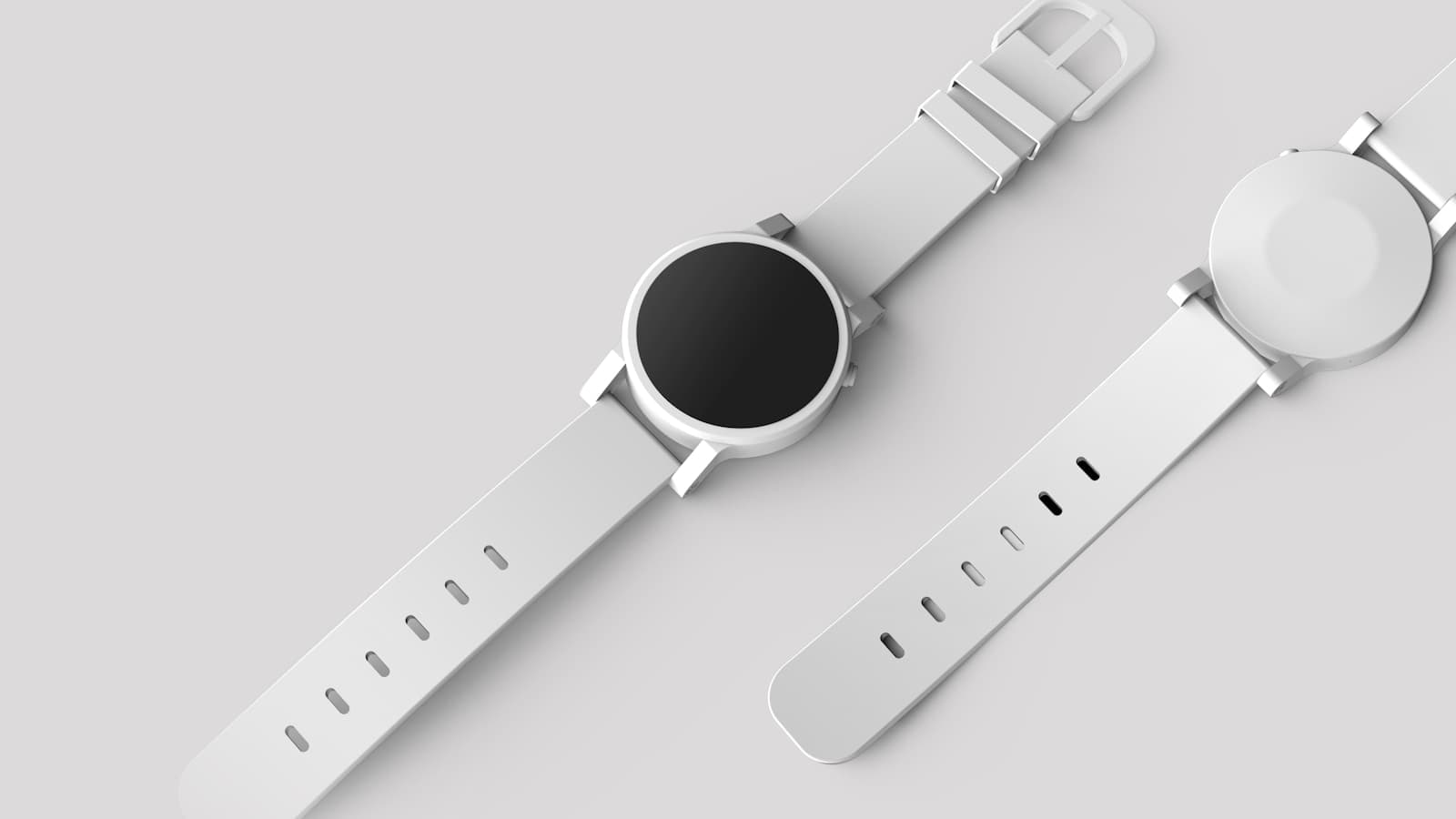 A round smartwatch with a white band shown in a clean flat-lay product shot.