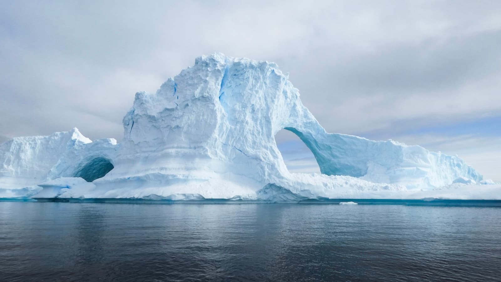 A glacier face during daytime, dramatic blue-white ice.