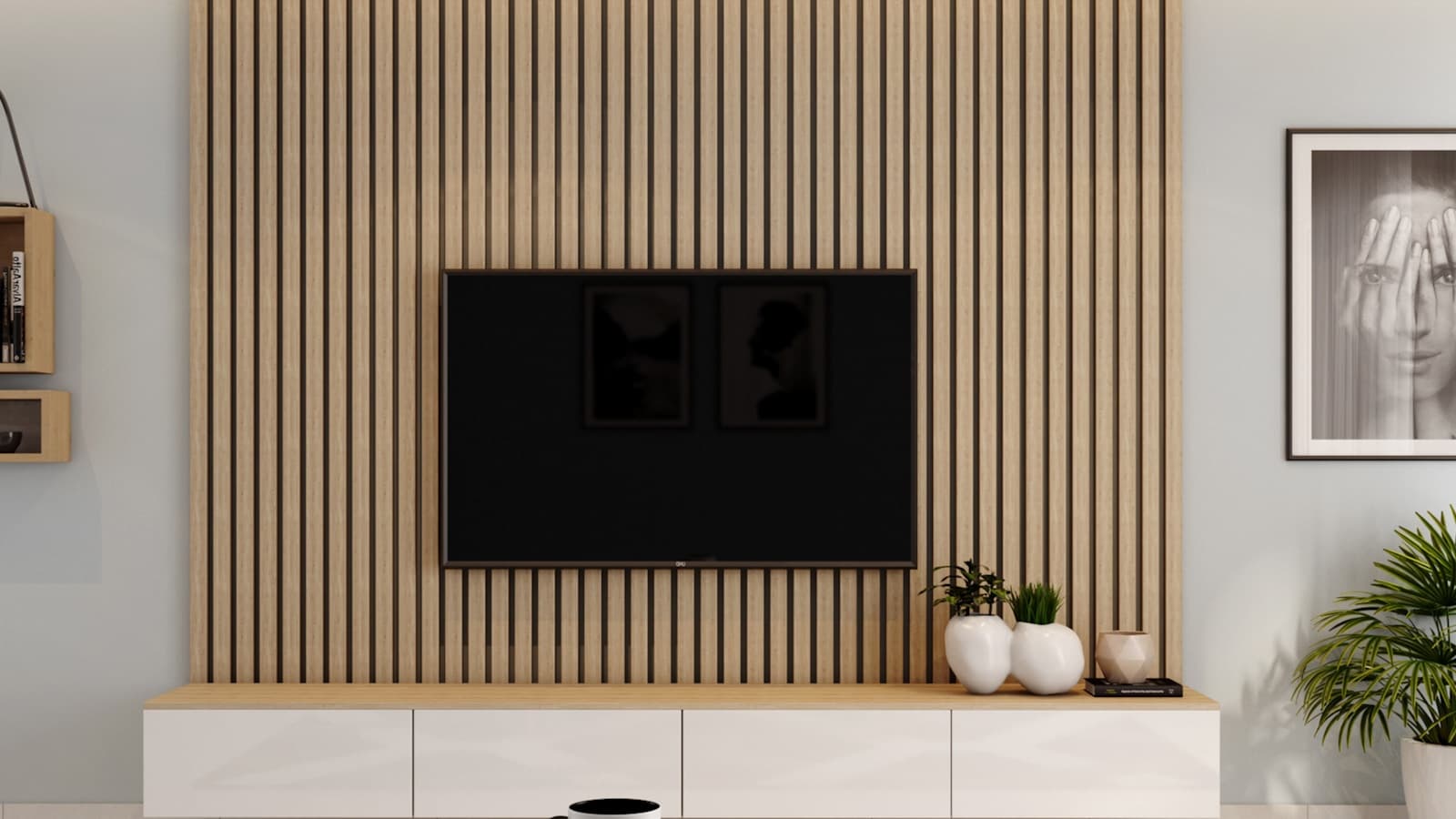 A modern living room with a flat-screen TV mounted on the wall.
