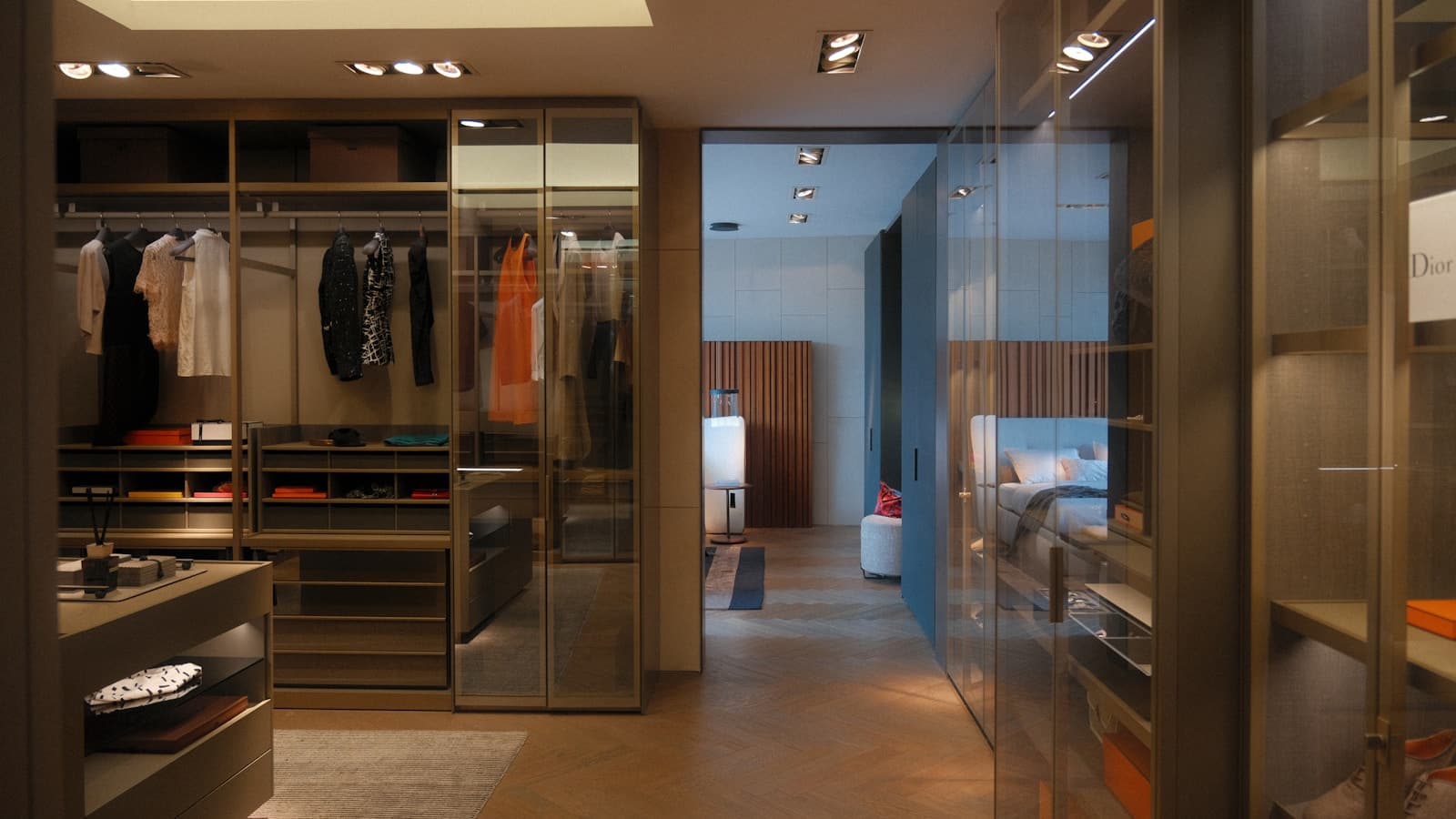 A walk-in closet filled with neatly hung clothes.