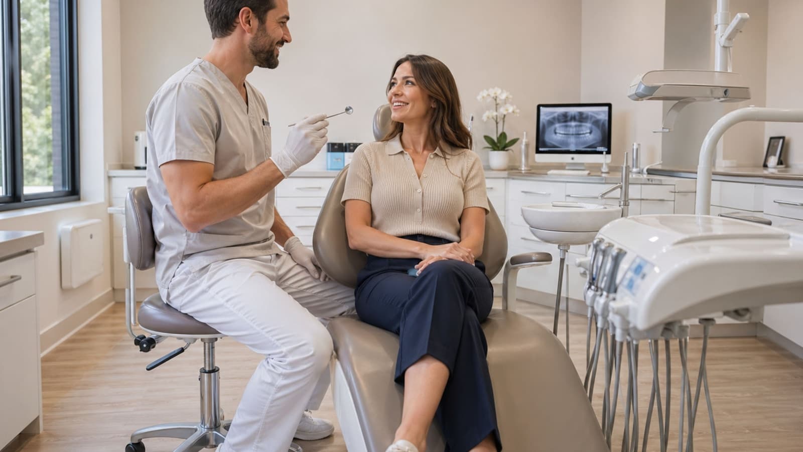 A dentist and smiling patient chatting warmly in a bright, modern treatment room.