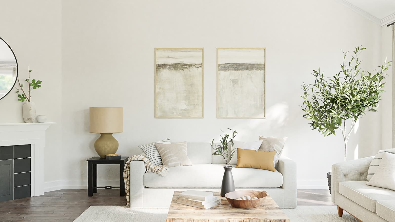 A tastefully staged, minimalist living room with a beige sofa, fireplace, and framed abstract art, no people or readable text.