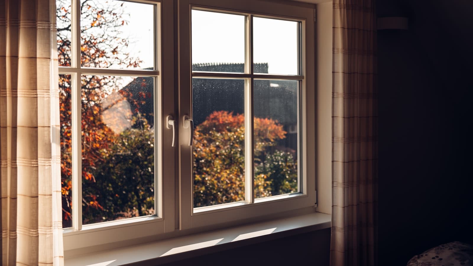 A new white-framed double window looking out onto autumn trees, curtains framing the sides, no people or text visible.