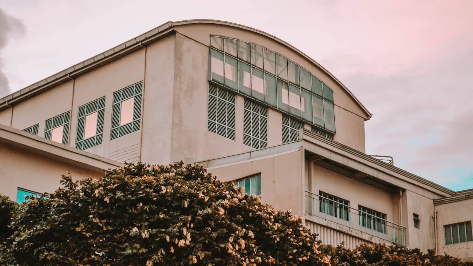 A generic multi-story institutional building with rows of windows and greenery in front, no signage, people, or legible text.