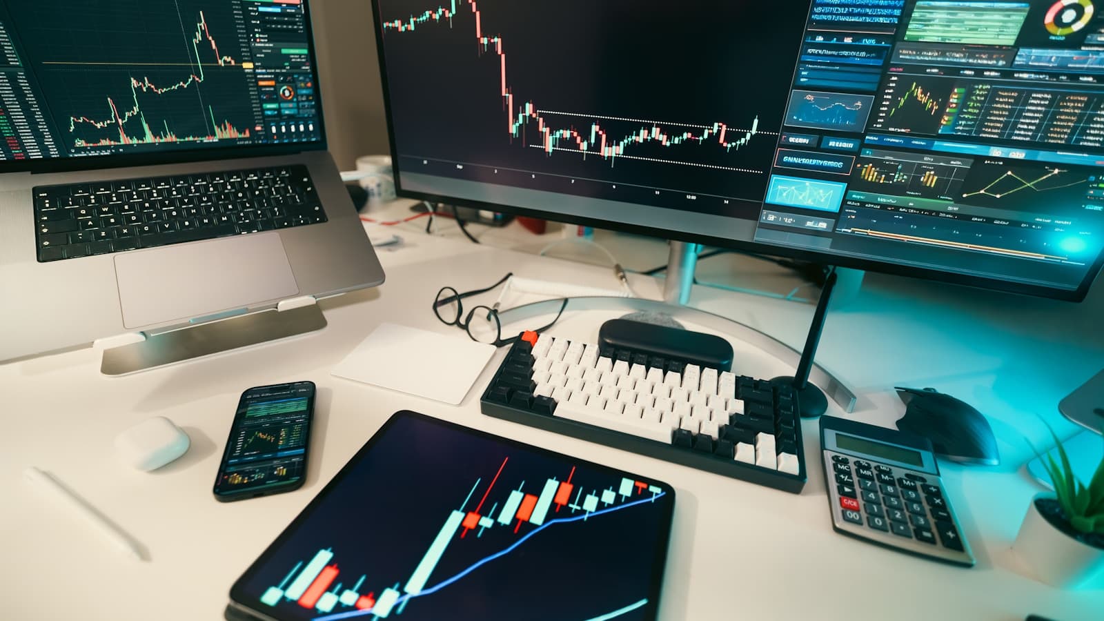 A multi-monitor trading desk showing generic candlestick charts, no brand names.