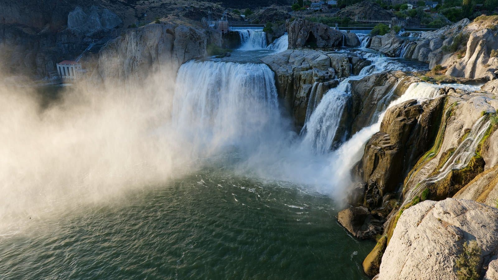 Shoshone Falls, a wide misty waterfall cascading over a rock rim in Twin Falls, Idaho.