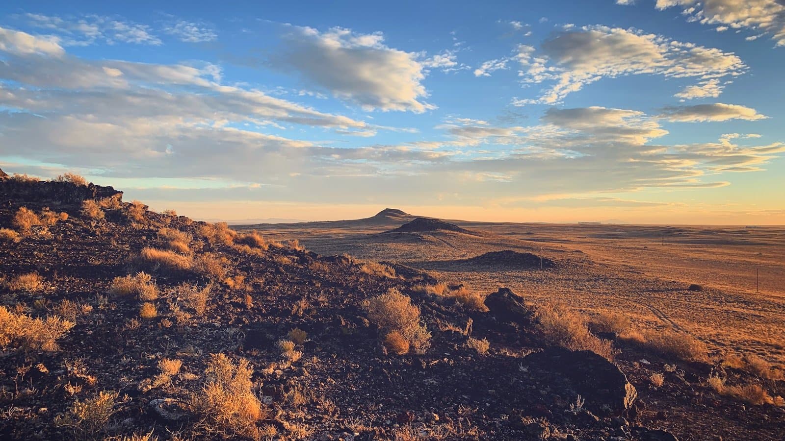 A volcanic desert ridge and mesa near Albuquerque glowing at sunset with sparse high-desert scrub in the foreground.