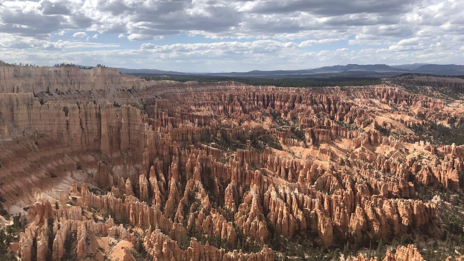 An aerial view over the orange hoodoo spires of Bryce Canyon National Park stretching to the horizon.