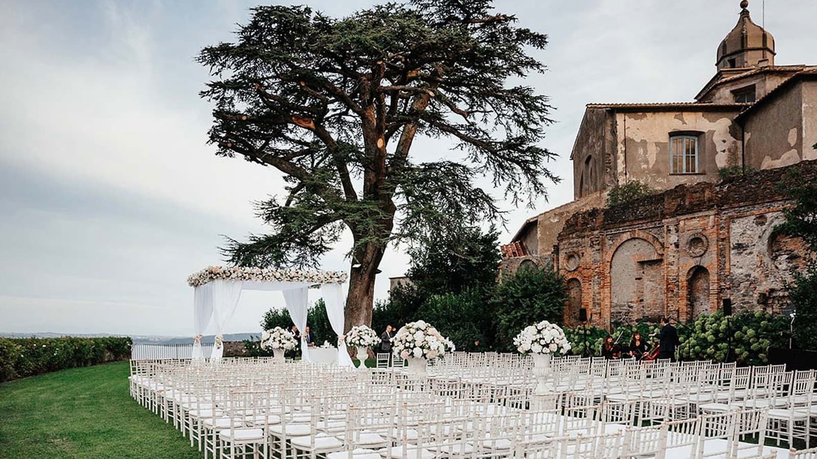 An elegant ceremony setup with rows of white chairs beneath a large tree.